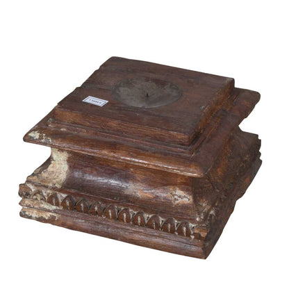 Rustic Mahogany Brown Antique Indian Teak Pillar Base Candle Holder – Hand-Carved 19th Century Salvage