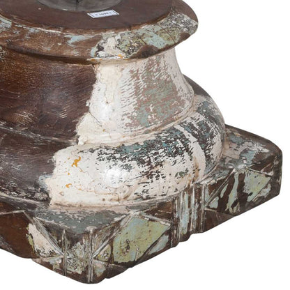 Antique Teak Pillar Base Candle Holder – Distressed Cream, Sage & Walnut Brown
