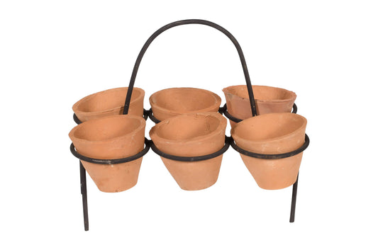 Vintage Indian Hand Thrown Terracotta Set of 6 Plant Pots With Iron Carry Display Stand