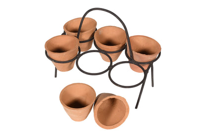 Vintage Indian Hand Thrown Terracotta Set of 6 Plant Pots With Iron Carry Display Stand