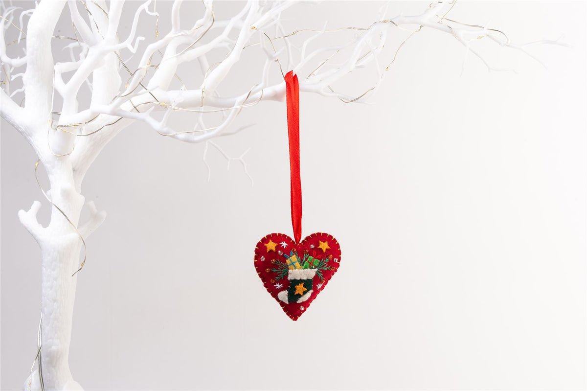 Handmade Felt Stocking Heart Christmas Hanging Tree Decoration - 6.5 cm