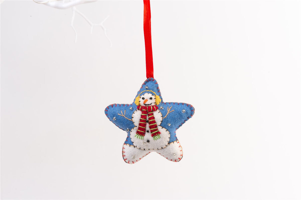 Handmade Felt Snowman Star Christmas Tree Hanging Decoration - 8 cm