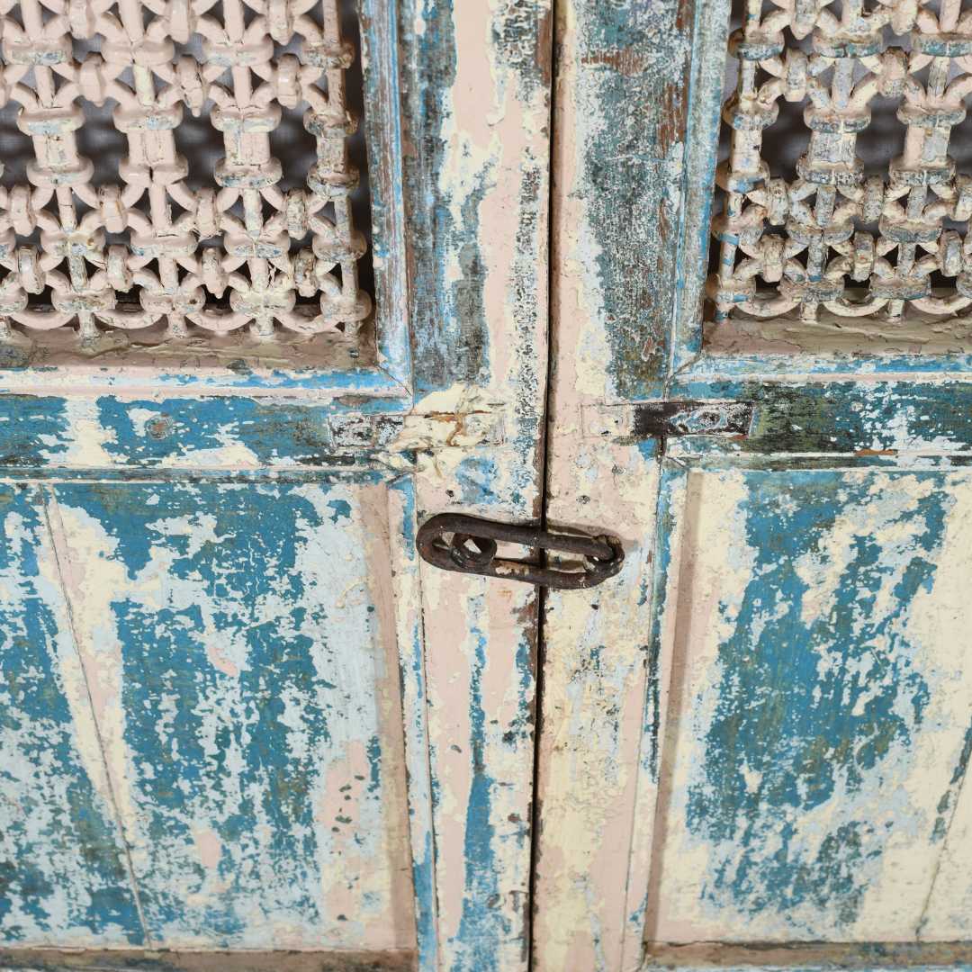 Antique Indian Painted Teak Wood Jali Door Garden Gate Pair – 19th Century Rajasthan Salvage