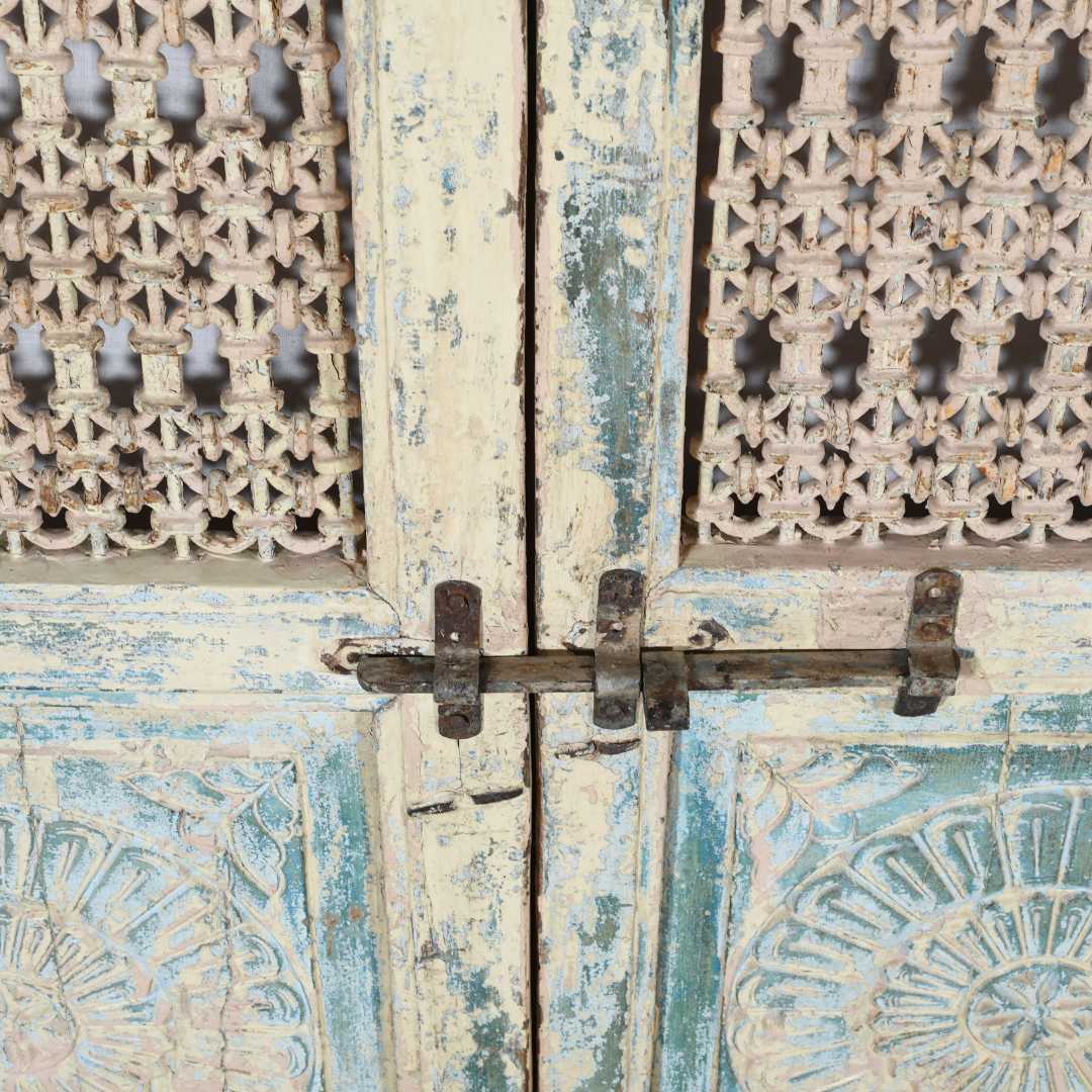 Antique Indian Painted Teak Wood Jali Door Garden Gate Pair – 19th Century Rajasthan Salvage