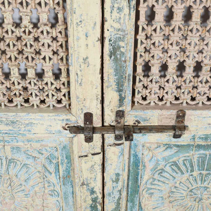 Antique Indian Painted Teak Wood Jali Door Garden Gate Pair – 19th Century Rajasthan Salvage
