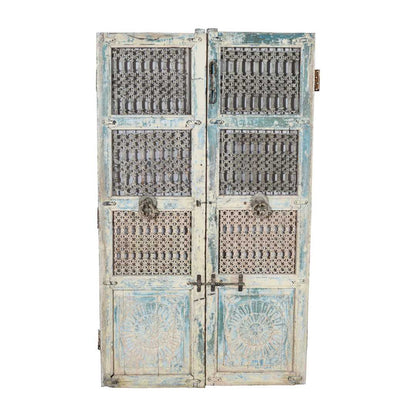 Antique Indian Painted Teak Wood Jali Door Garden Gate Pair – 19th Century Rajasthan Salvage