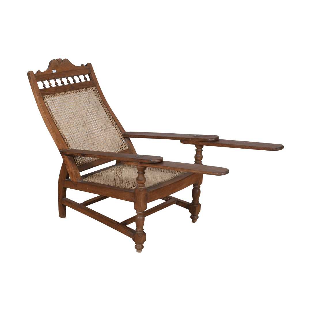 Antique Teak & Natural Cane Indian Plantation Veranda Chair – c.1920