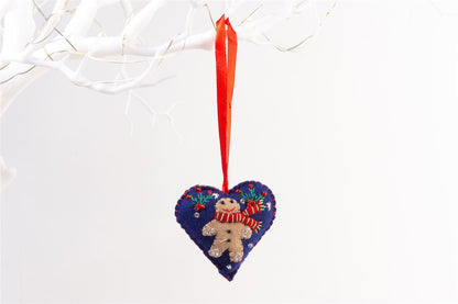 Handmade Felt Gingerbread Man Heart Christmas Tree Hanging Decoration - 6.5 cm