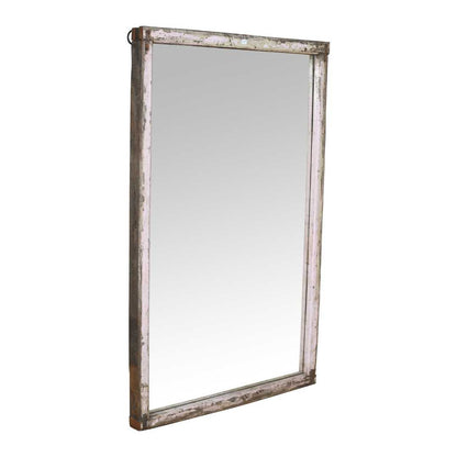 Large Antique Whitewashed Indian Teak Window Mirror – 19th Century Rajasthan