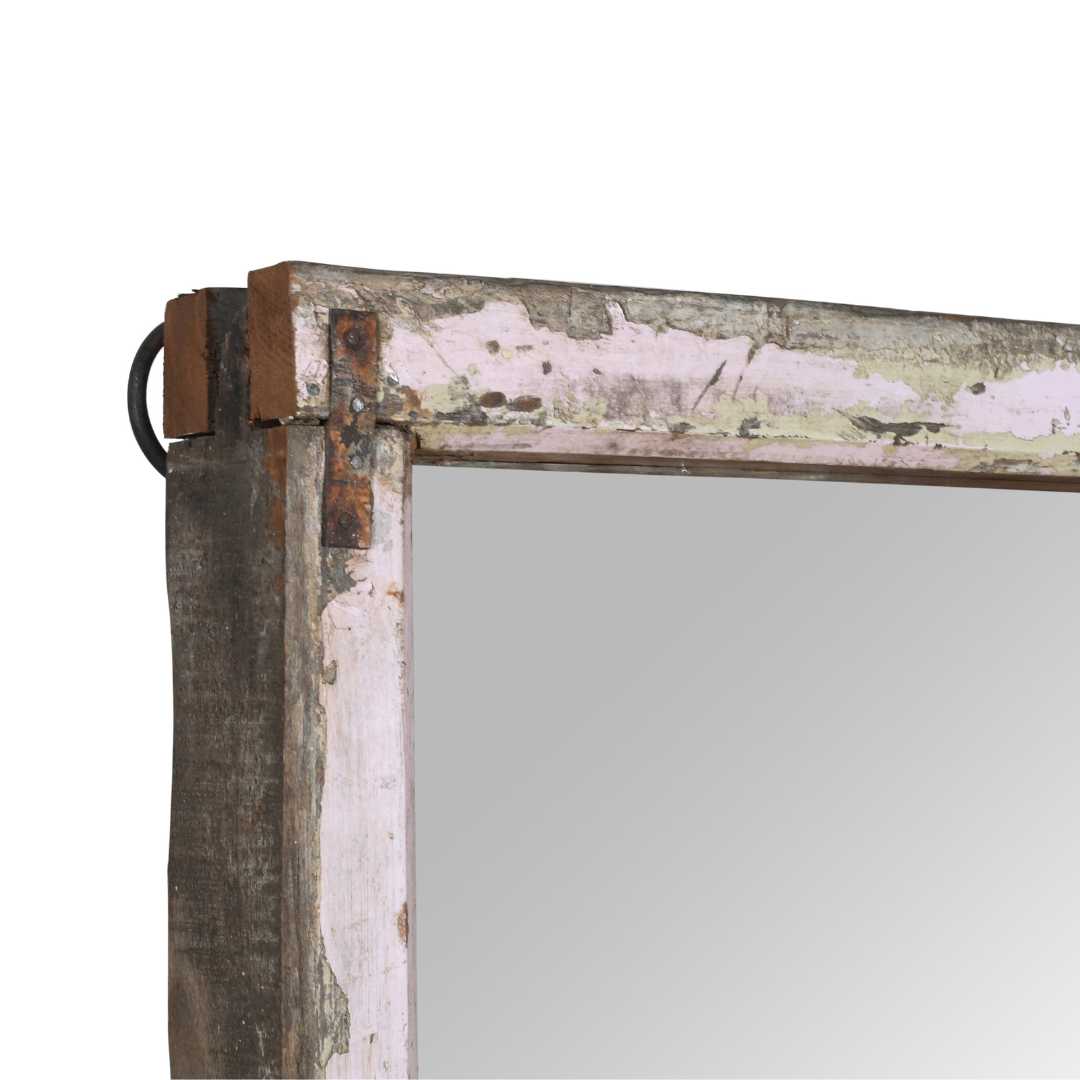 Large Antique Whitewashed Indian Teak Window Mirror – 19th Century Rajasthan