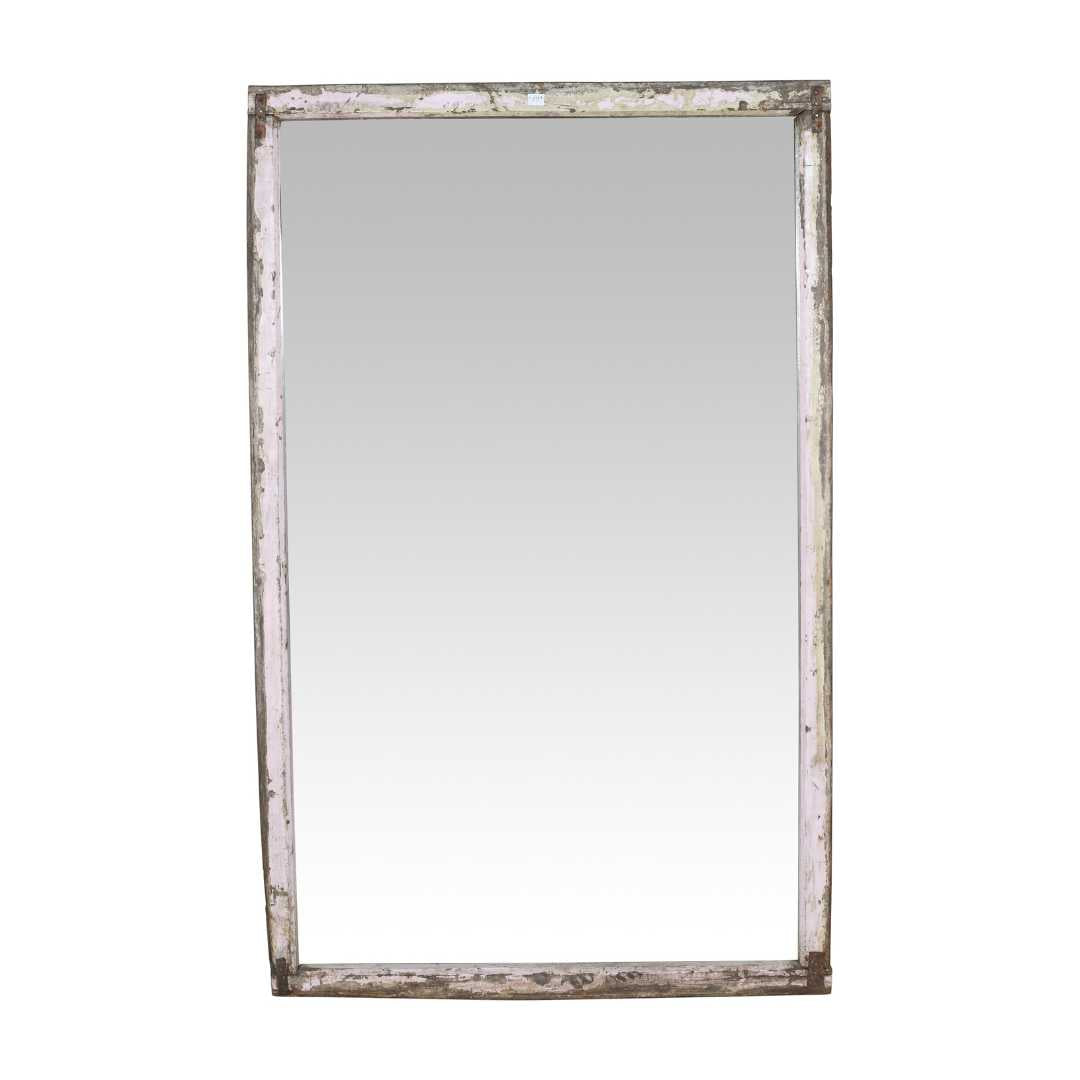 Large Antique Whitewashed Indian Teak Window Mirror – 19th Century Rajasthan