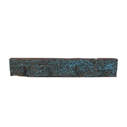 Antique Teal Carved Indian Teak Coat Hook Panel – 19th Century Rajasthan