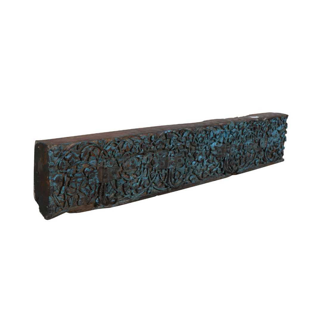 Antique Teal Carved Indian Teak Coat Hook Panel – 19th Century Rajasthan