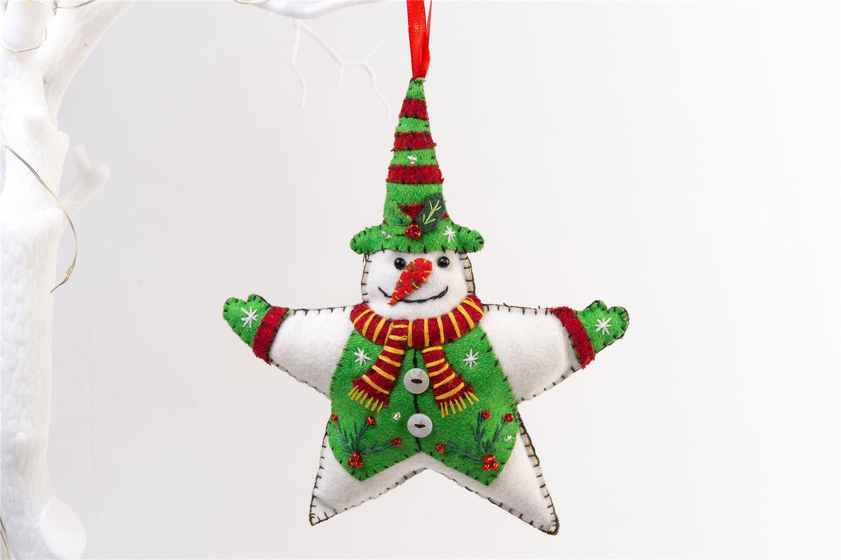Handmade Felt Snowman Star Christmas Tree Hanging Decoration - 16 cm