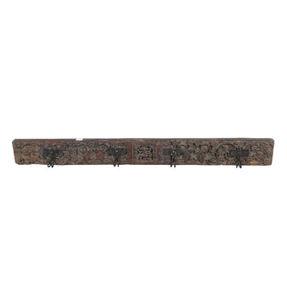 Antique Deep Umber Teak Carved Coat Hook Panel with Black Iron Hooks – Indian Vintage Floral (105cm)