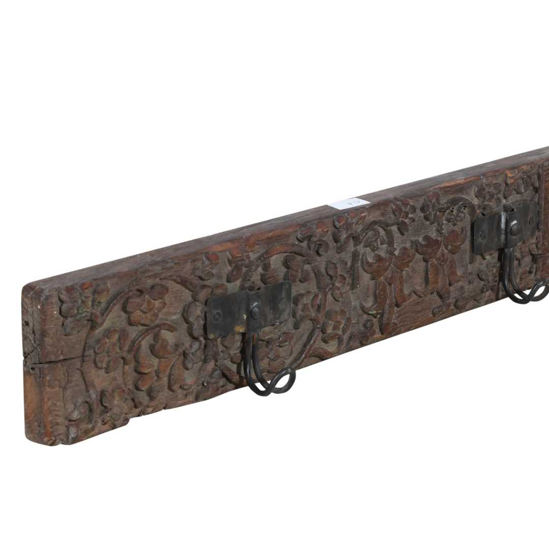 Antique Deep Umber Teak Carved Coat Hook Panel with Black Iron Hooks – Indian Vintage Floral (105cm)