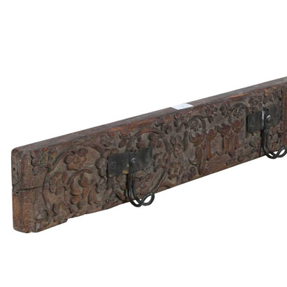 Antique Deep Umber Teak Carved Coat Hook Panel with Black Iron Hooks – Indian Vintage Floral (105cm)