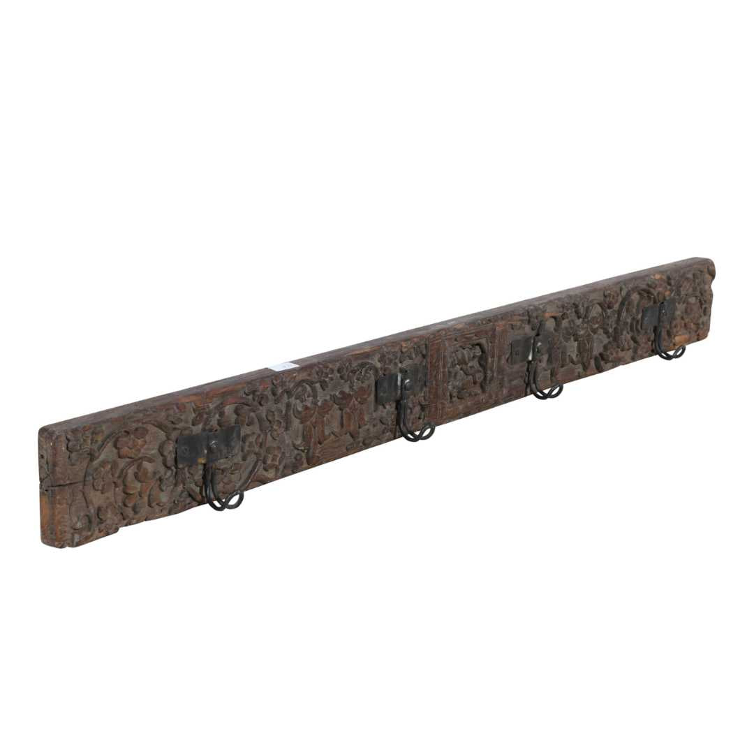 Antique Deep Umber Teak Carved Coat Hook Panel with Black Iron Hooks – Indian Vintage Floral (105cm)