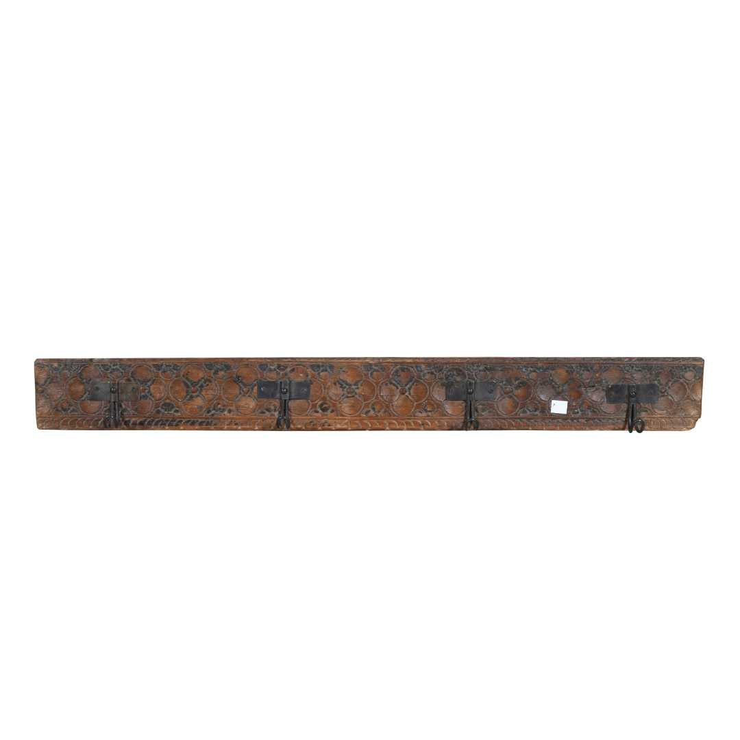 Antique Rustic Brown Teak Wood & Iron Coat Hook Panel – Hand-Carved Indian Vintage (111cm)