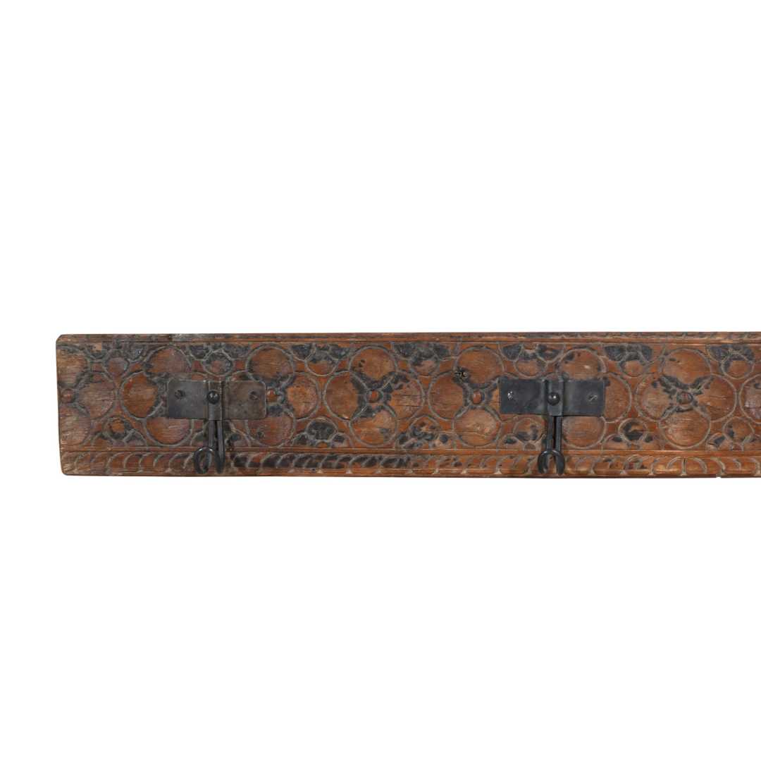 Antique Rustic Brown Teak Wood & Iron Coat Hook Panel – Hand-Carved Indian Vintage (111cm)