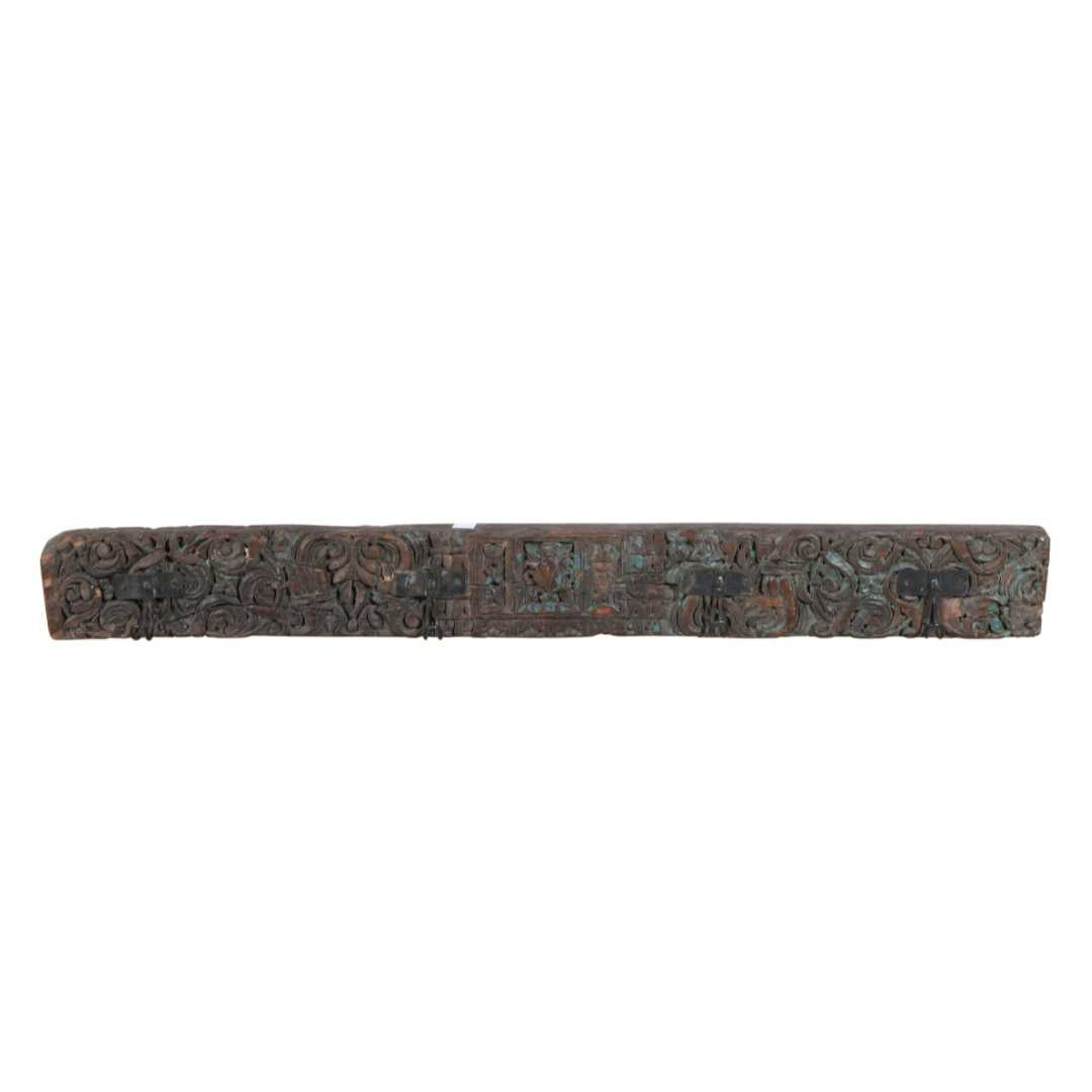 Antique Verdigris & Cocoa Teak Carved Coat Hook Panel with Black Iron Hooks – Indian Vintage Scrollwork (116cm)