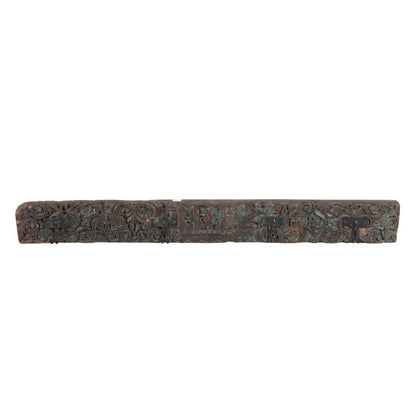 Antique Verdigris & Cocoa Teak Carved Coat Hook Panel with Black Iron Hooks – Indian Vintage Scrollwork (116cm)