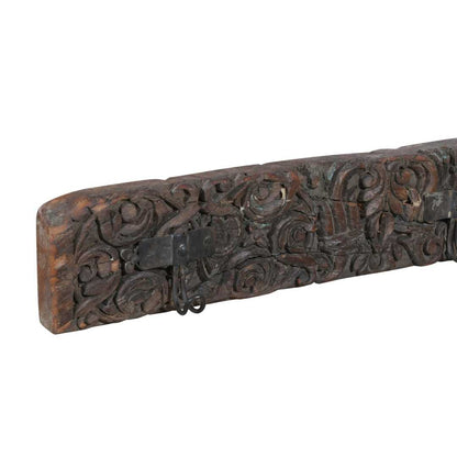 Antique Verdigris & Cocoa Teak Carved Coat Hook Panel with Black Iron Hooks – Indian Vintage Scrollwork (116cm)