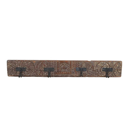 Antique Weathered Brown Teak & Iron Carved Coat Hook Panel – Indian Vintage Wall Rack (63cm)