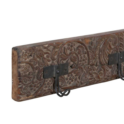 Antique Weathered Brown Teak & Iron Carved Coat Hook Panel – Indian Vintage Wall Rack (63cm)