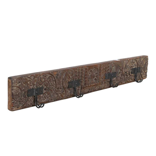 Antique Weathered Brown Teak & Iron Carved Coat Hook Panel – Indian Vintage Wall Rack (63cm)