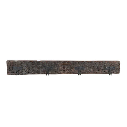 Antique Charcoal Walnut Teak Carved Coat Hook Panel with Black Iron Hooks – Indian Vintage (121cm)