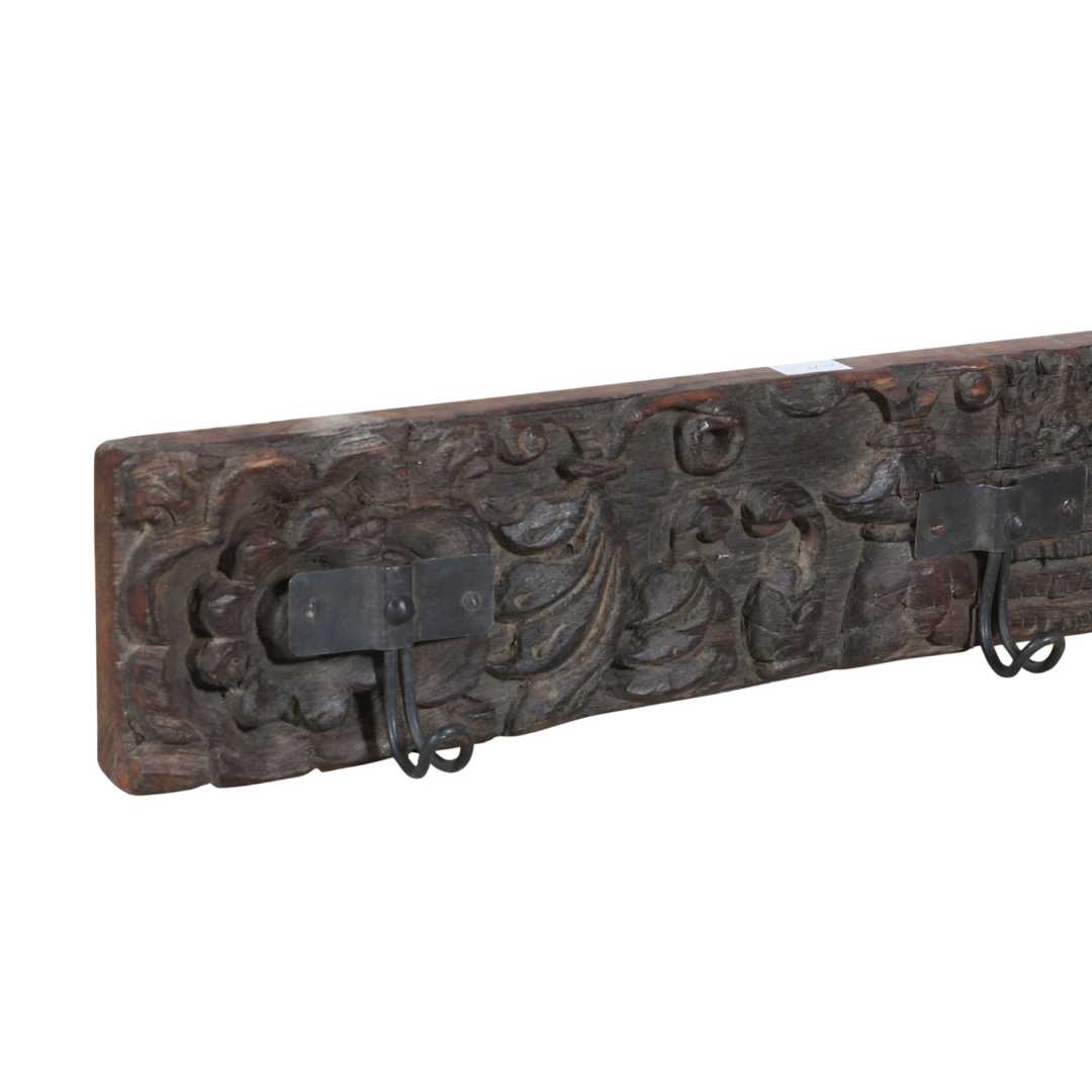 Antique Charcoal Walnut Teak Carved Coat Hook Panel with Black Iron Hooks – Indian Vintage (121cm)