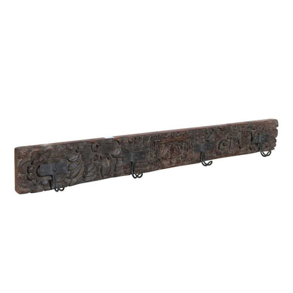 Antique Charcoal Walnut Teak Carved Coat Hook Panel with Black Iron Hooks – Indian Vintage (121cm)
