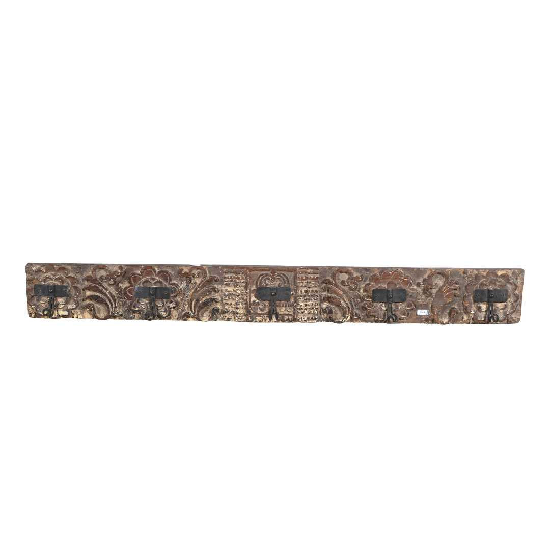 Antique Gilded Bronze & Ebony Teak Carved Coat Hook Panel – Indian Vintage Floral (123cm)