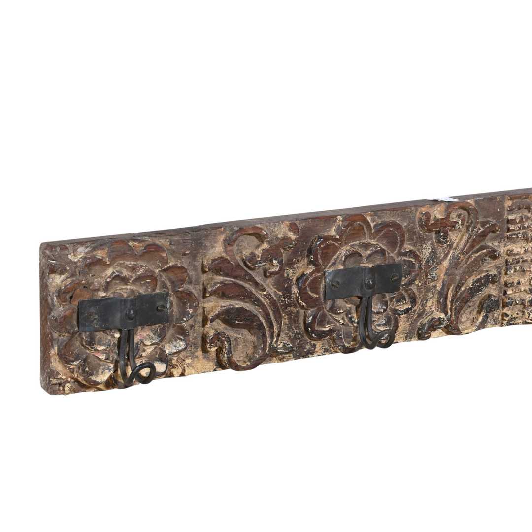 Antique Gilded Bronze & Ebony Teak Carved Coat Hook Panel – Indian Vintage Floral (123cm)