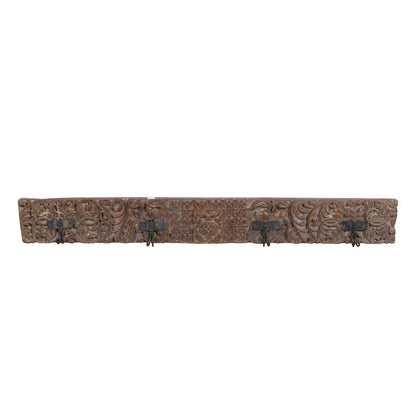 Antique Gilded Chestnut Teak Carved Coat Hook Panel with Black Iron Hooks – Indian Vintage Scrollwork (125cm)