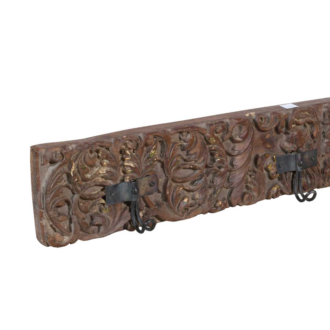 Antique Gilded Chestnut Teak Carved Coat Hook Panel with Black Iron Hooks – Indian Vintage Scrollwork (125cm)