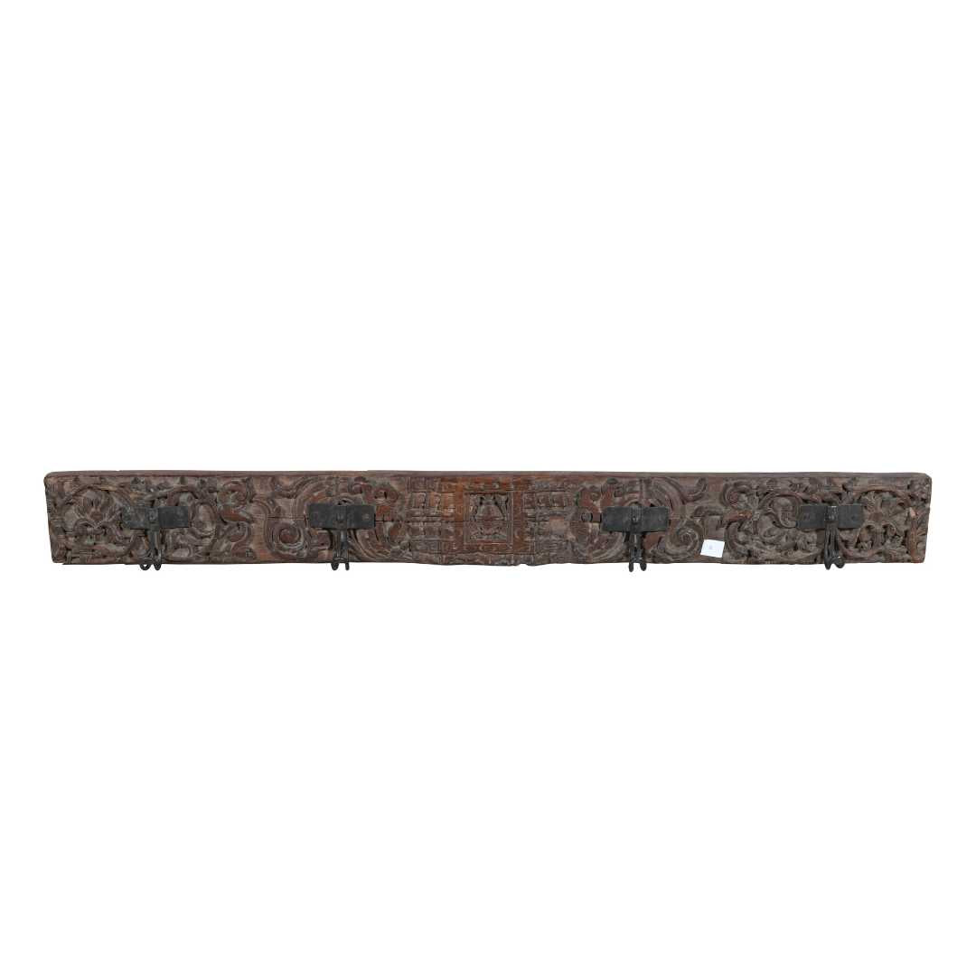 Antique Deep Walnut Brown Teak Carved Coat Hook Panel with Black Iron Hooks – Indian Vintage (113cm)