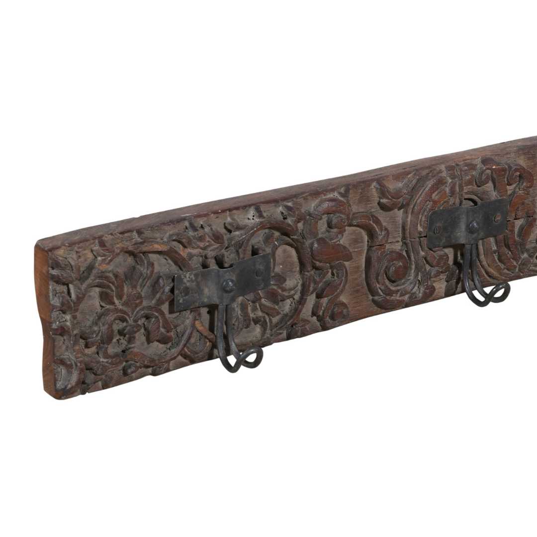 Antique Deep Walnut Brown Teak Carved Coat Hook Panel with Black Iron Hooks – Indian Vintage (113cm)