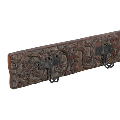 Antique Deep Walnut Brown Teak Carved Coat Hook Panel with Black Iron Hooks – Indian Vintage (113cm)