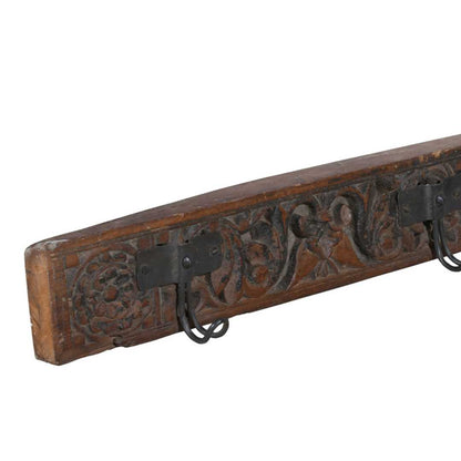 Antique Mahogany Brown Teak Carved Coat Hook Panel with Iron Hooks – Indian Vintage Scrollwork (108cm)