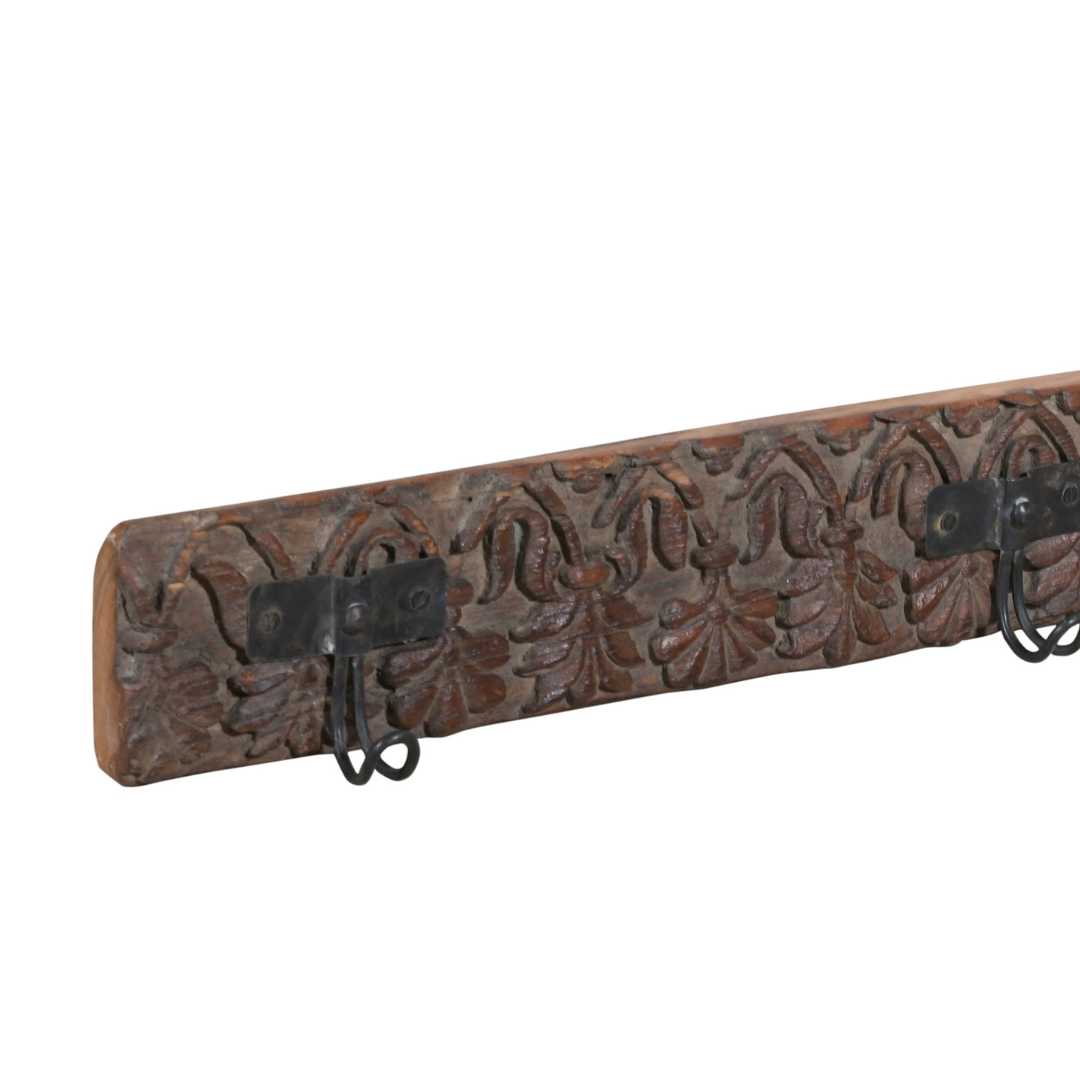 Antique Weathered Grey-Brown Teak Carved Coat Hook Panel with Black Iron Hooks – Indian Vintage (108cm)