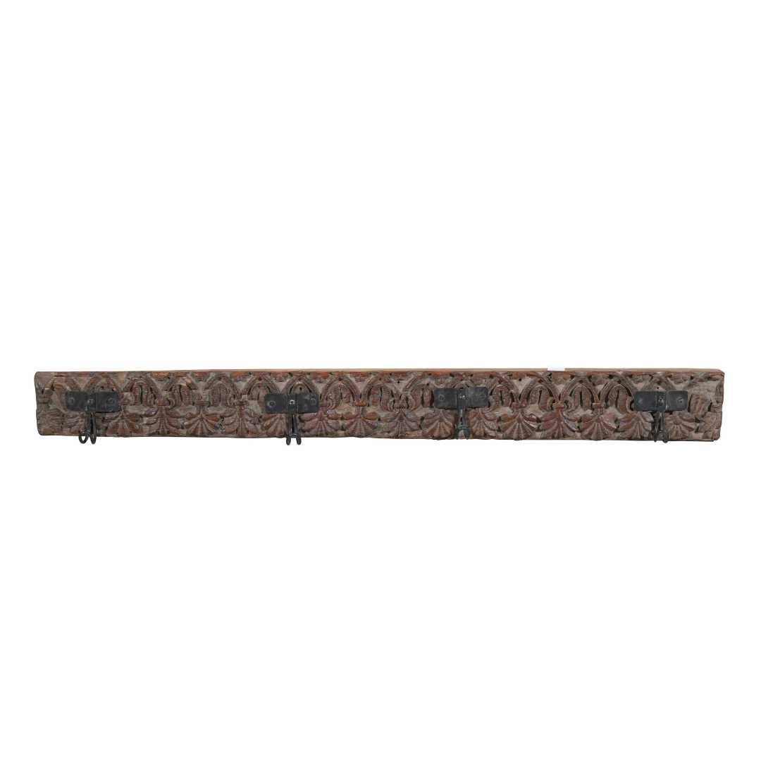 Antique Weathered Grey-Brown Teak Carved Coat Hook Panel with Black Iron Hooks – Indian Vintage (108cm)