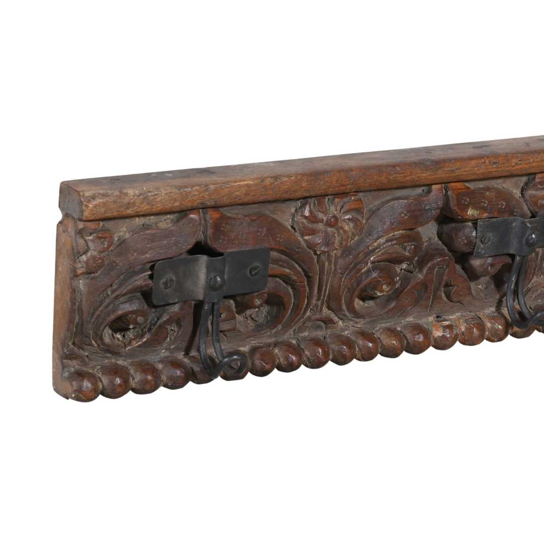 Antique Rich Chestnut Teak Carved Coat Hook Panel with Black Iron Hooks – Indian Vintage Floral (84cm)