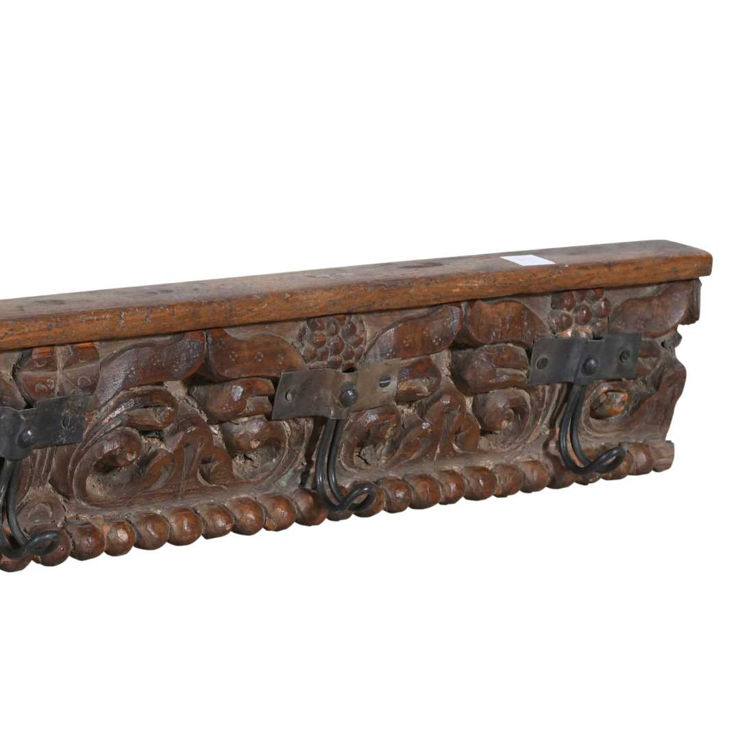 Antique Rich Chestnut Teak Carved Coat Hook Panel with Black Iron Hooks – Indian Vintage Floral (84cm)