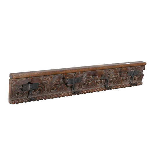 Antique Rich Chestnut Teak Carved Coat Hook Panel with Black Iron Hooks – Indian Vintage Floral (84cm)