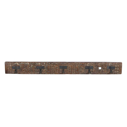 Antique Golden Walnut Teak Carved Coat Hook Panel with Black Iron Hooks – Indian Vintage Scrollwork (127cm)