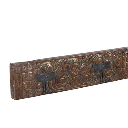 Antique Golden Walnut Teak Carved Coat Hook Panel with Black Iron Hooks – Indian Vintage Scrollwork (127cm)