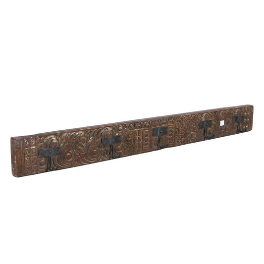 Antique Golden Walnut Teak Carved Coat Hook Panel with Black Iron Hooks – Indian Vintage Scrollwork (127cm)