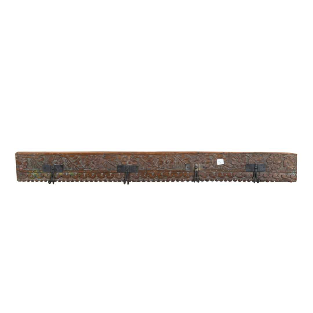 Antique Rustic Rosewood Teak Carved Coat Hook Panel with Black Iron Hooks – Indian Vintage Floral (118cm)